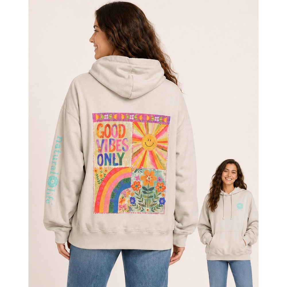 Natural Life Good Vibes Hoodie Sweatshirt Size L Beige Rainbow Graphic Boho